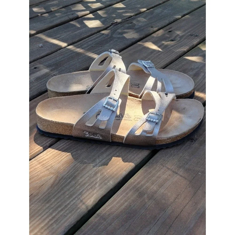 Birki's Silver Metallic Moorea Granada Sandals with Rhinestones Size EU 41